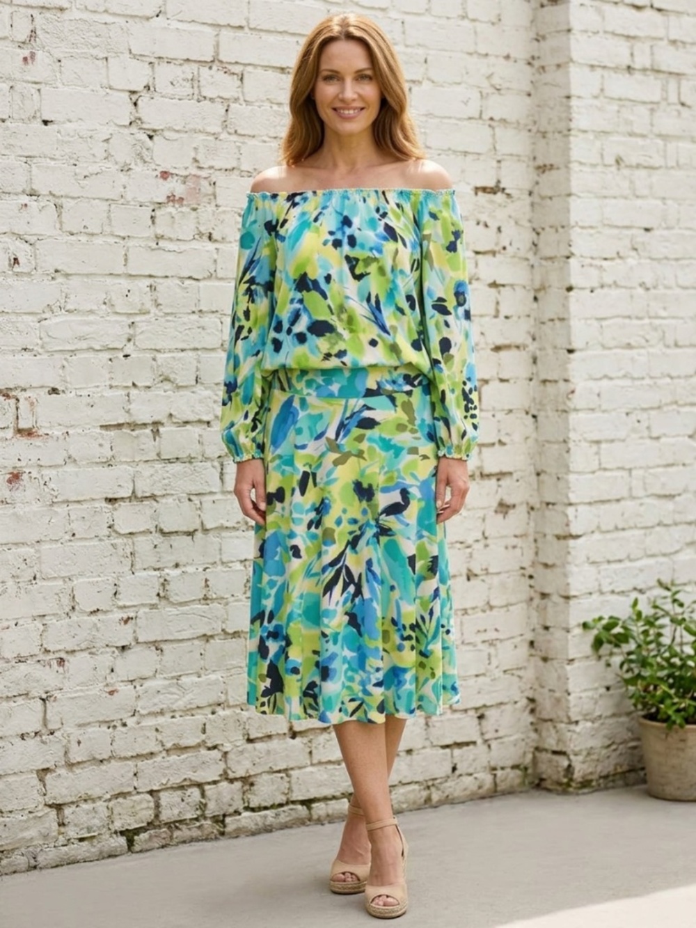 Tan Jay Abstract Watercolor Floral Skirt Set 10 Off-The-Shoulder Resort Cruise